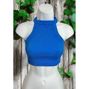 Cotton On Blue Ribbed Crop Tank Top Sz XS/S High Neck Stretch